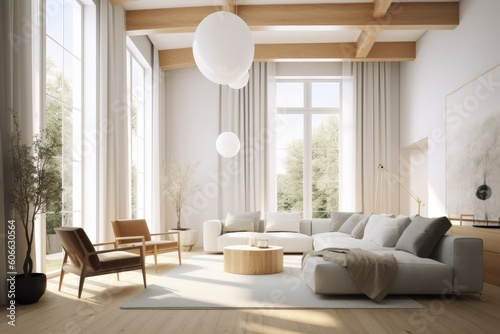 Beautiful bright clean mid century modern family living room with slow living lifestyle stainable furniture and garden views Made with Generative Ai