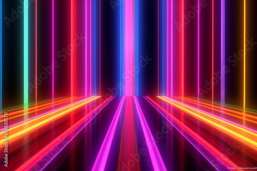 3D illustration of abstract background with neon lights and stripes in tunnel, generative Ai