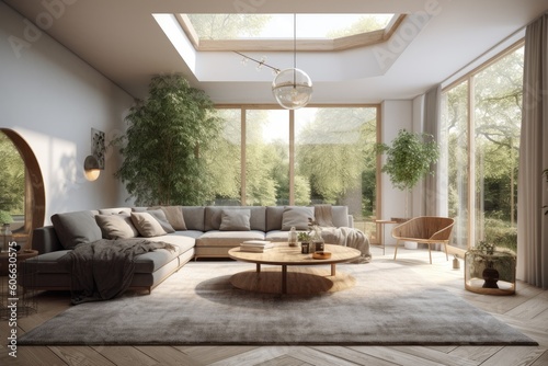 Beautiful cozy mid century modern boho living family room with arched doorway large windows and skylight with nature garden views Made with Generative Ai © Christian
