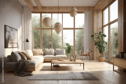 Cozy calm modern minimal living room interior with organic wood paneling high ceilings large sustainable pendant light fixture with garden views at sunset made with Generative Ai