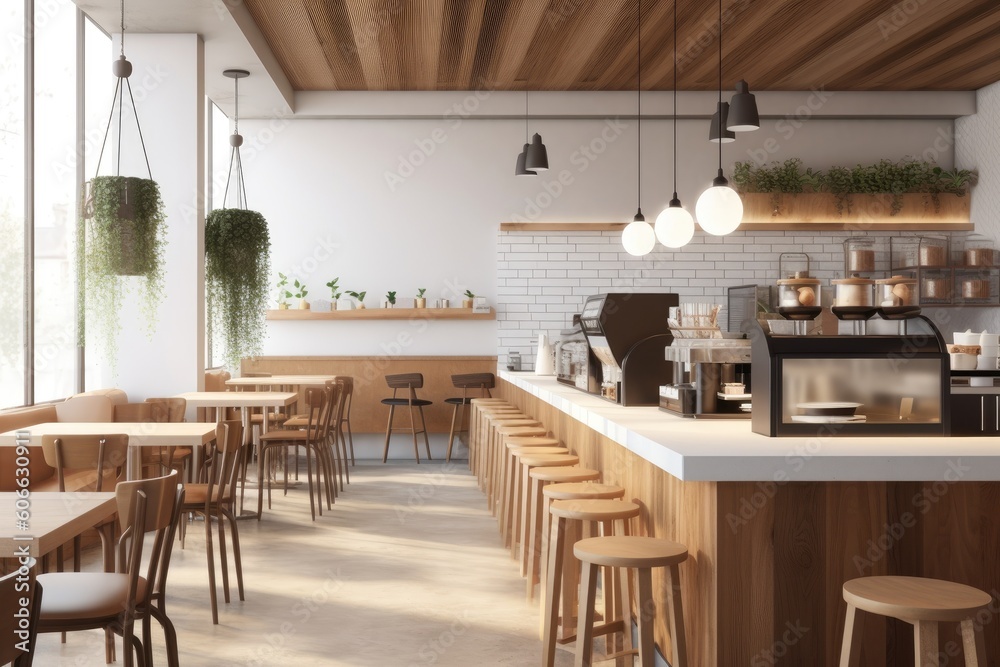 White and Wood Modern Sustainable Cafe Interior with White Counters and Wood Seating Made with Generative AI