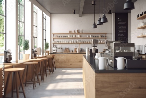 Modern Architecture Coffee Bar Cafe with Tall Modern Windows and Sustainable Wood Accents Made with Generative AI