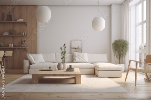 Stylish Light Linen Sofa in Beautiful All White Modern Living Room with Hanging Lights Made with Generative AI