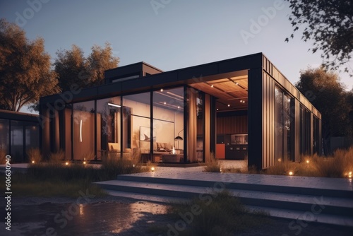 Luxury Modular Modern Residential Exterior with Glowing Light and Stunning Architecture at Twilight Dusk Made with Generative AI