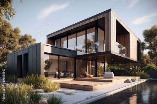 Summer Modular Modern Home Exterior with Architectural Details Made with Generative AI