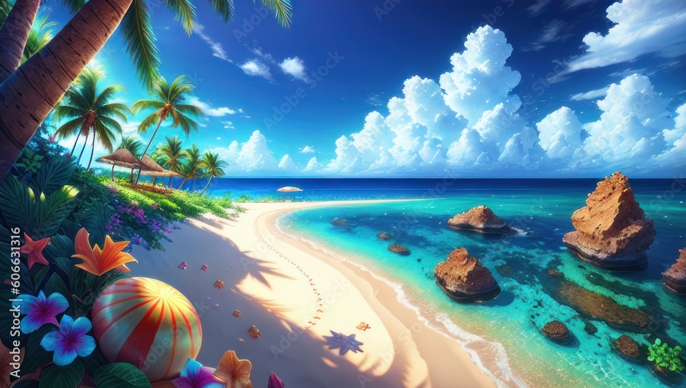 Tranquil beach scene. Exotic tropical beach landscape for background or wallpaper. Design of summer vacation holiday concept. Ai generated