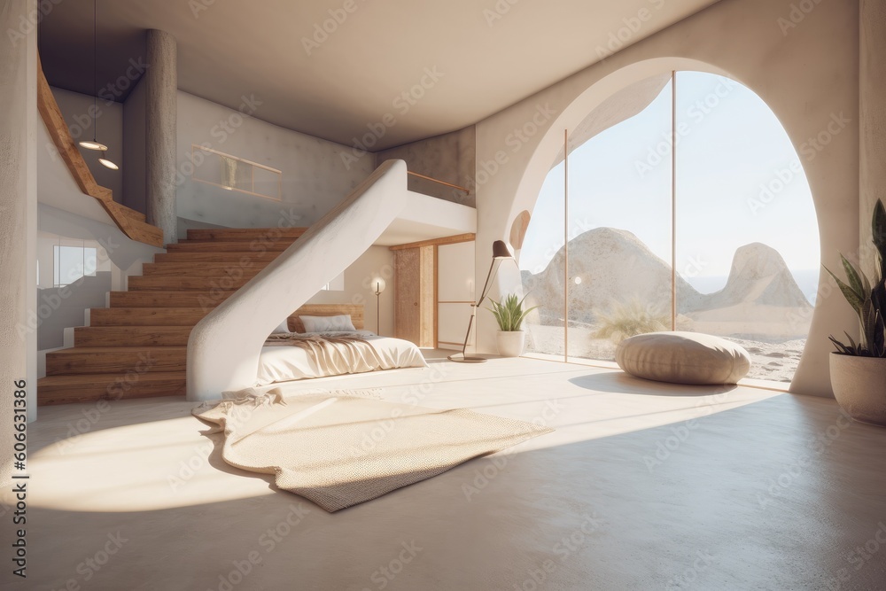 Smooth Plaster Walls in Organic Modern Studio Loft with Large Round Window and Desert Mountain Views Made with Generative AI