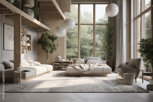 Earthy Light Living Room with Comfortable Styled Furniture and High Ceiling Made with Generative AI