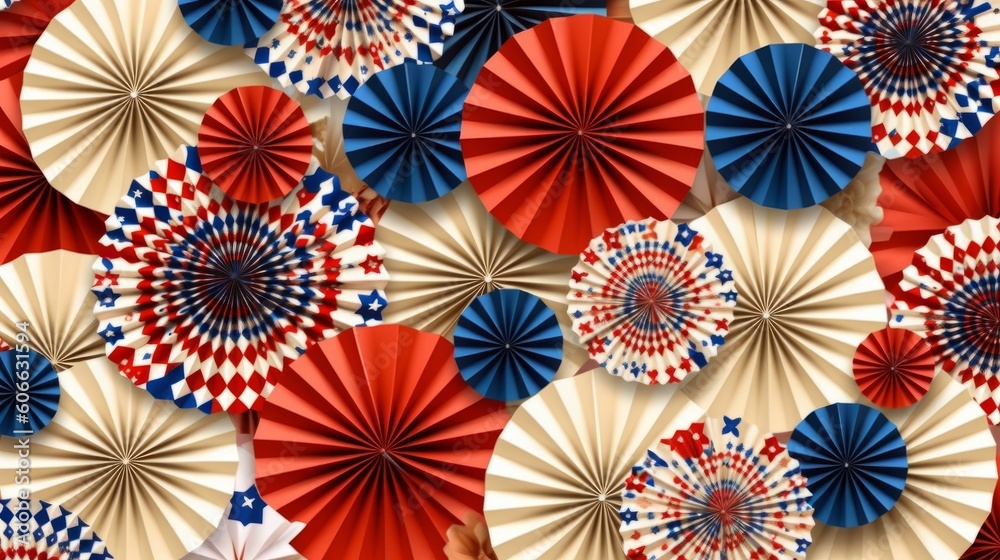3D rendering of colorful paper fans pattern background in retro style, generative Ai