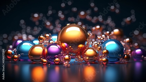 Abstract 3D rendering of colorful spheres. Bokeh background, generative Ai