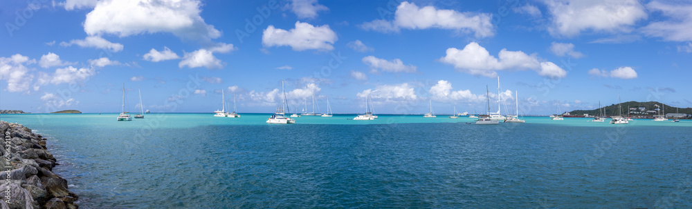 Caribbean vacation in Marigot, Saint Martin scenic panoramic shoreline and sand beaches.