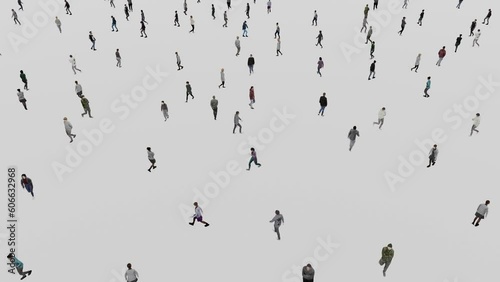 Casual people go about their business. A large number of people move around on a white background without meeting each other.