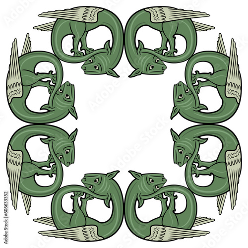 Square animal ornament or frame with medieval dragons. Illuminated manuscript motif. Isolated vector illustration.