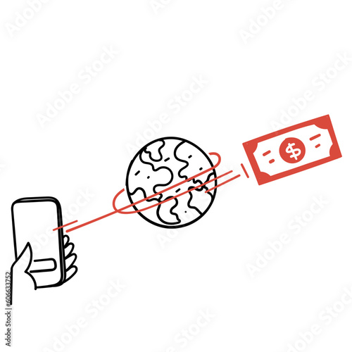 hand drawn doodle transfer money global remittance illustration vector