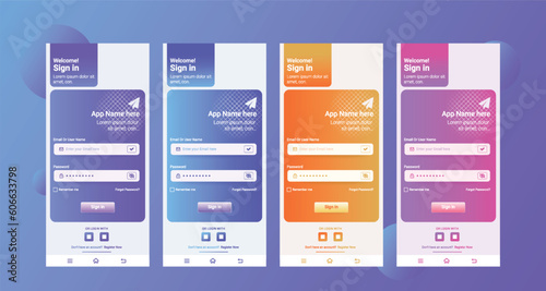 Vector gradient Set of Sign In forms. Mobile Registration and login forms page. Modern smartphone login page design, complete set of elements. User-friendly design materials to use app development.