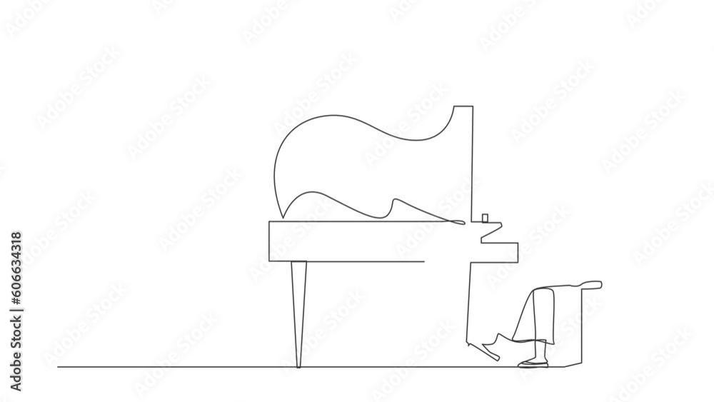 Self drawing animation of single one line draw Arab woman plays piano. Performer sits at musical instrument, plays jazz. Pusician. Person performs on stage. Continuous line draw. Full length animated Self drawing animation of single one line draw Arab woman plays piano. Performer sits at musical instrument, plays jazz. Pusician. Person performs on stage. Continuous line draw. Full length animated