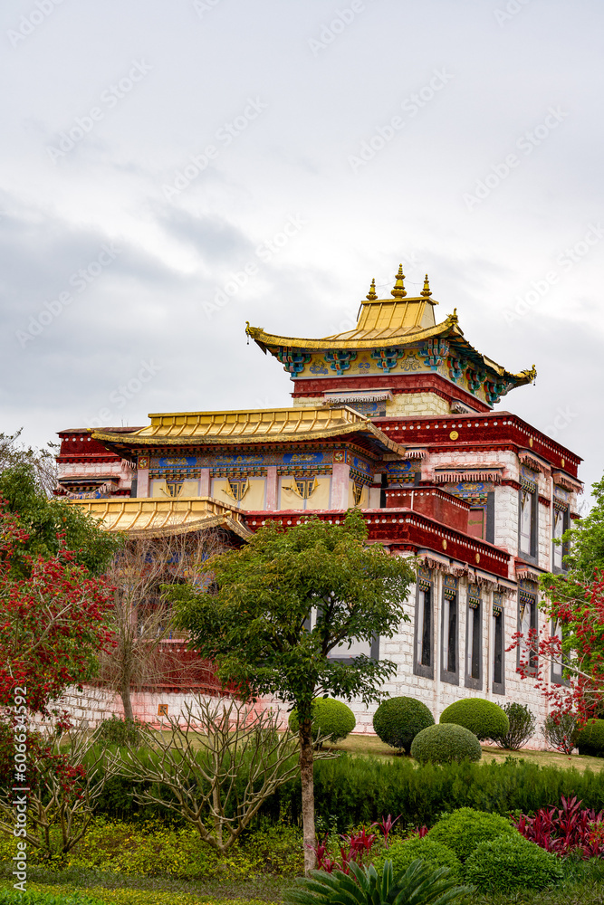 Beautiful gold-roofed red-lacquered Tibetan Buddhist monastery in Tibet