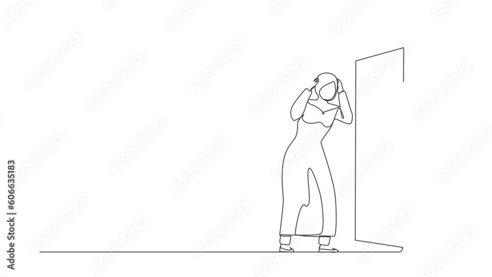 Self drawing animation of single one line draw Arabian businesswoman see herself failure in mirror. Mental health problems. Anxiety and lack of self confidence. Continuous line. Full length animated Self drawing animation of single one line draw Arabian businesswoman see herself failure in mirror. Mental health problems. Anxiety and lack of self confidence. Continuous line. Full length animated