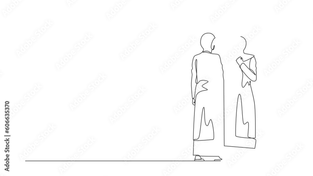 Animated self drawing of continuous one line draw Arabian businesswoman adjusting hijab in front of mirror. Woman checking her appearance. Manager looking herself. Full length single line animation Animated self drawing of continuous one line draw Arabian businesswoman adjusting hijab in front of mirror. Woman checking her appearance. Manager looking herself. Full length single line animation