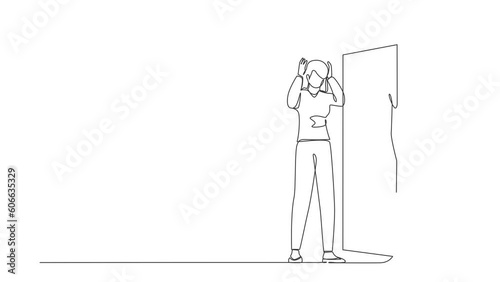 Animated self drawing of continuous line draw Arabian businesswoman looking at mirror seeing in reflection of herself with crown on head. Overestimate, confidence. Full length single line animation photo