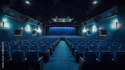 Empty movie theatre interior with screen and seats. Generative AI