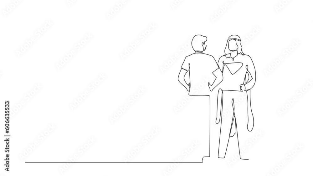 Animated self drawing of continuous line draw Arabian businessman looking at reflection in mirror seeing super hero standing. Leadership, ambition and self confidence. Full length one line animation Animated self drawing of continuous line draw Arabian businessman looking at reflection in mirror seeing super hero standing. Leadership, ambition and self confidence. Full length one line animation