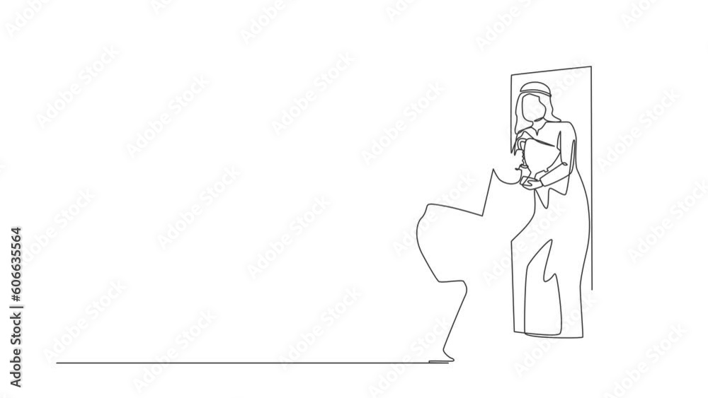 Self drawing animation of single one line draw Arab businessman looking himself. Male in front of mirror, optimism, positive. Reflection reward with cup, winner. Continuous line. Full length animated Self drawing animation of single one line draw Arab businessman looking himself. Male in front of mirror, optimism, positive. Reflection reward with cup, winner. Continuous line. Full length animated