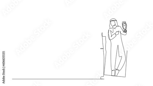 Animated self drawing of continuous one line draw Arab businessman looking at mirror seeing in reflection of himself with holding medal, person overestimate himself. Full length single line animation photo