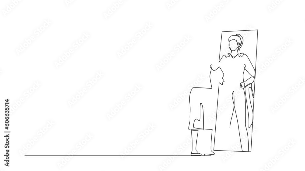 Self drawing animation of single line draw businesswoman looking at reflection in mirror seeing super hero standing. Leadership, ambition, self confidence. Continuous line draw. Full length animated Self drawing animation of single line draw businesswoman looking at reflection in mirror seeing super hero standing. Leadership, ambition, self confidence. Continuous line draw. Full length animated