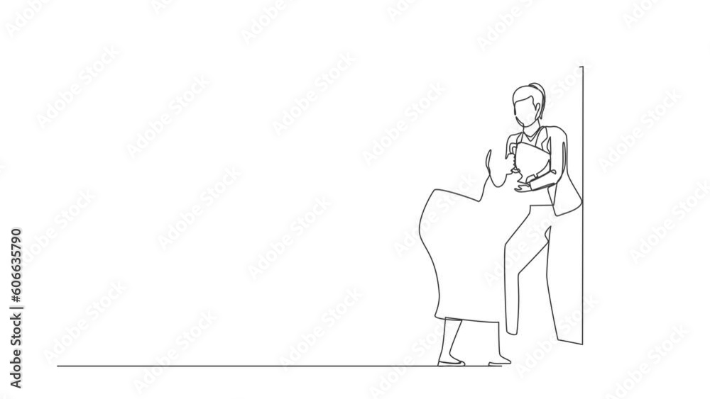 Self drawing animation of single one line draw businesswoman looking herself. Female in front of mirror, optimism, positive. Reflection reward with cup, winner. Continuous line. Full length animated Self drawing animation of single one line draw businesswoman looking herself. Female in front of mirror, optimism, positive. Reflection reward with cup, winner. Continuous line. Full length animated