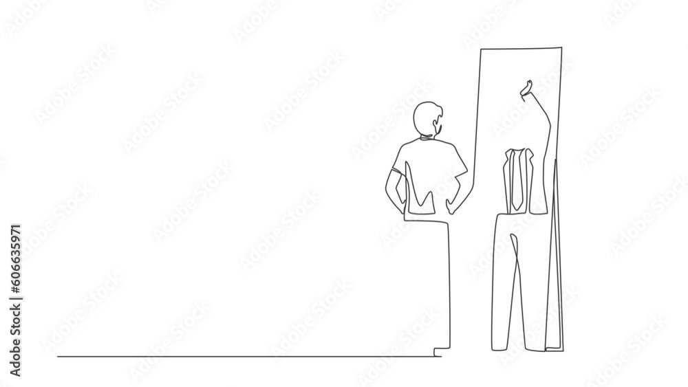 Animated self drawing of continuous line draw businessman looking himself happy, successful in mirror reflection with lifting up cup. Success in business and winner. Full length single line animation Animated self drawing of continuous line draw businessman looking himself happy, successful in mirror reflection with lifting up cup. Success in business and winner. Full length single line animation