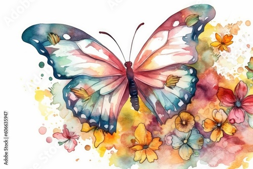colorful butterfly resting on a bed of vibrant flowers painted in watercolor Generative AI © AkuAku