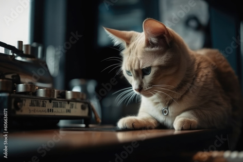 The kitten sits near the coffee machine. Generative AI.