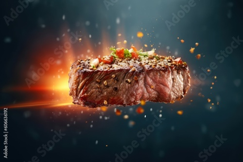 wagyu beef steak Roast flying through the air Cinematic Editorial Food Photography