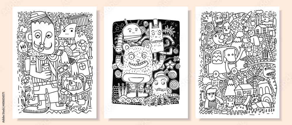 Fototapeta premium People face cartoon character doodles hand drawn vector illustration. Minimalist color doodles.