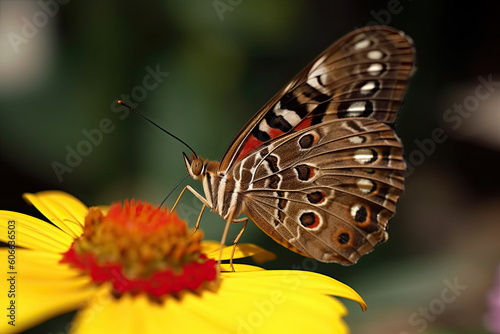 a butterfly on top of a yellow flower with green leaves in the background and blurred blurry to the camera lens. Generative Ai © Golib Tolibov
