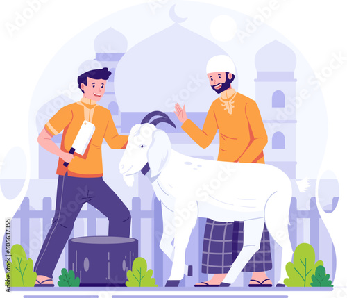Muslim People slaughter a goat for Sacrifice or Qurban on Eid Al Adha. Happy Eid Al Adha Mubarak. Vector Illustration