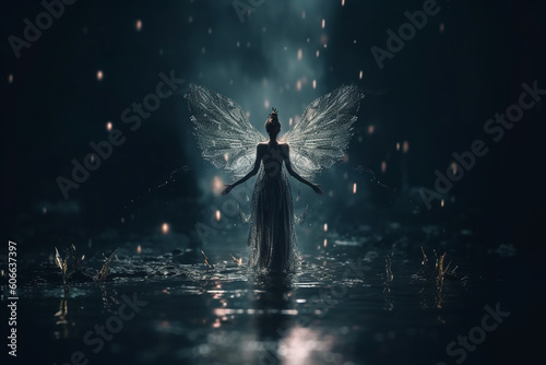 Sci-fi  fantasy concept. Fairy with wings walking on water. Abstract minimalistic  magical and mysterious atmosphere. Dark and spooky nature background. Generative AI