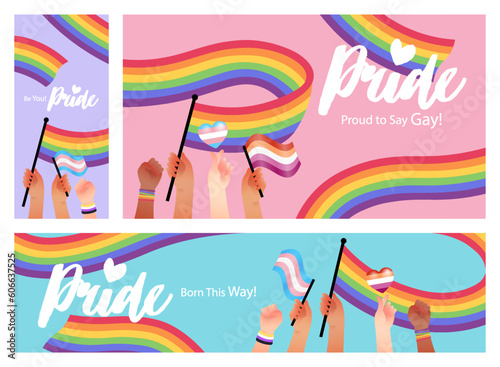 Banner of people hold rainbow flag with sign language hands celebrate PRIDE month. Set of template and banner for festival, parade, website, and social media.