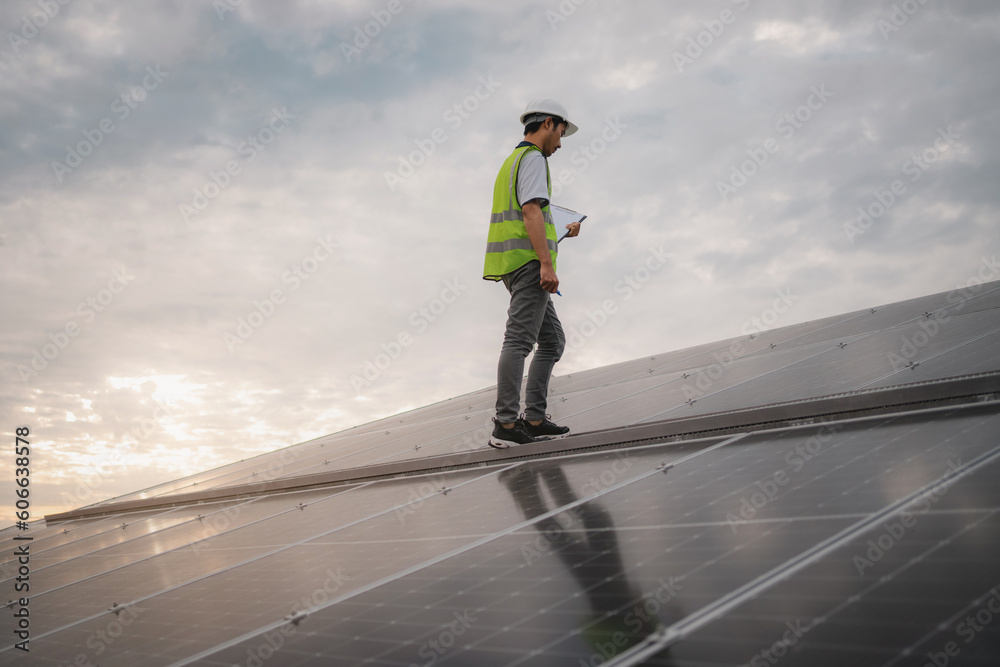 A service engineer checks a solar cell that is mounted on the roof to see if there is a damaged component that needs to be repaired. Concept of energy from natural sources. A service engineer checks a solar cell that is mounted on the roof to see if there is a damaged component that needs to be repaired. Concept of energy from natural sources.