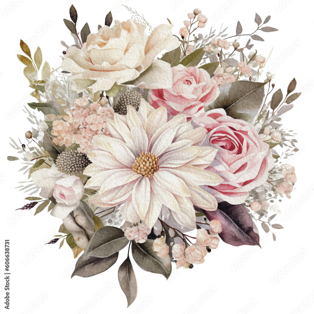 watercolor Cozy spring branch of floral with pastel color for greeting wedding card logo pattern textile isolated on Transparent png background, Generative ai 