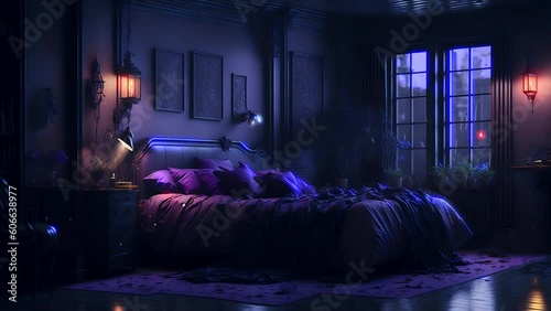 animated virtual backgrounds, stream overlay loop. Mystical dreamy room, rainy weather. vtuber asset twitch zoom OBS screen, warm lighting