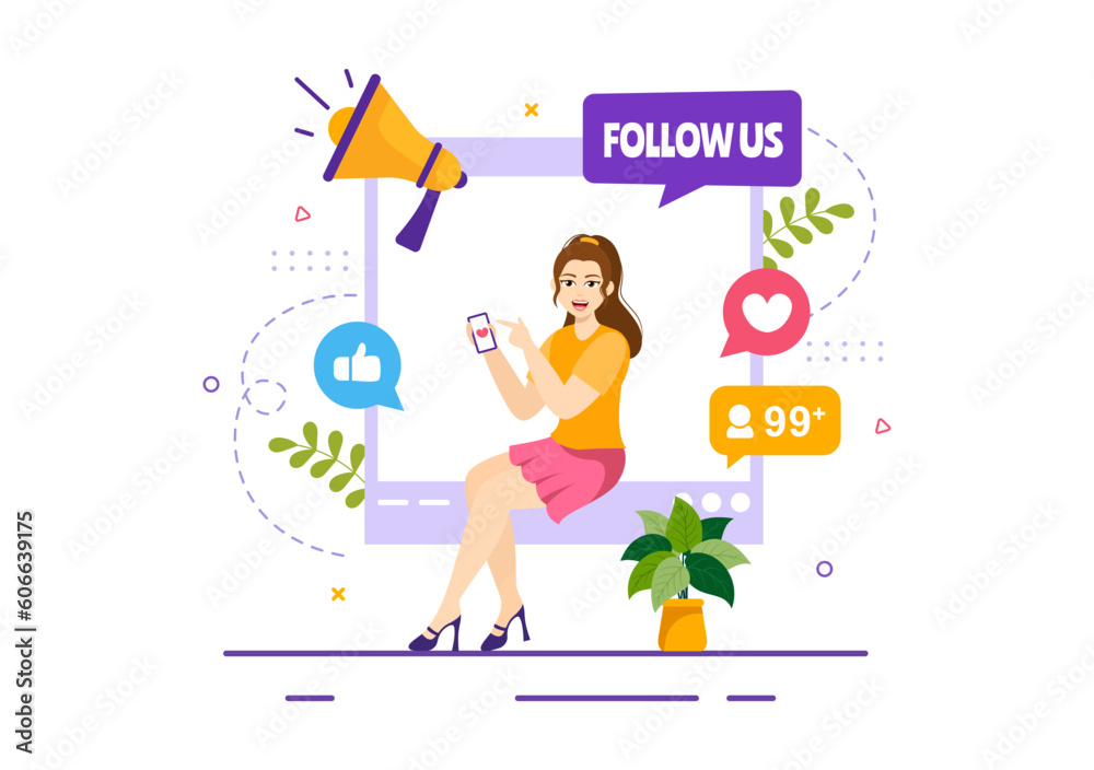Follow Us and Like Vector Illustration for Internet Advertisement of a Social Media Users Following an Interesting Page in Hand Drawn Templates Follow Us and Like Vector Illustration for Internet Advertisement of a Social Media Users Following an Interesting Page in Hand Drawn Templates