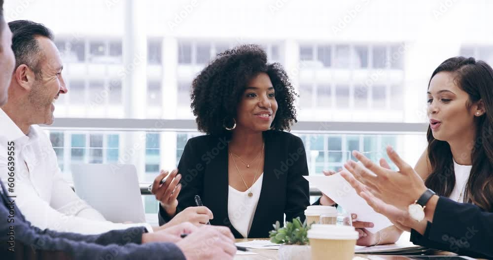Business, happy woman and manager in boardroom discussion, meeting and conversation of planning. Female leader, team and office employees smile for collaboration, seminar and feedback of good news