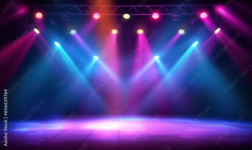 Empty stage with colorful spotlights. Scene lighting effects. Generative AI - obrazy, fototapety, plakaty 