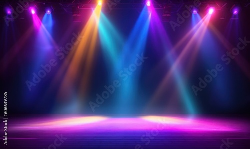 Empty stage with colorful spotlights. Scene lighting effects. Generative AI photo