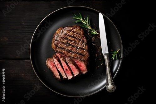 wagyu beef steak Roast in plate with knife and fork Cinematic Editorial Food Photography