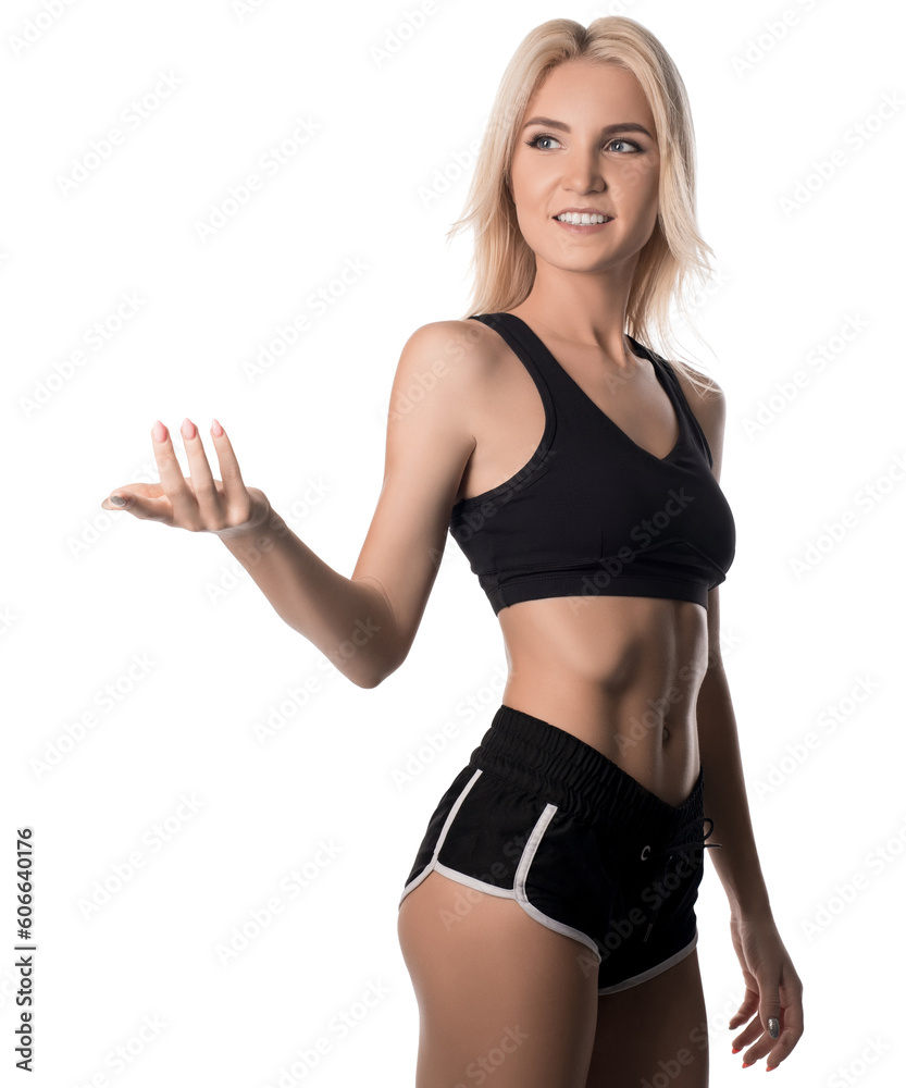 Sporty blonde in sexy top and shorts isolated view Sporty blonde in sexy top and shorts isolated view