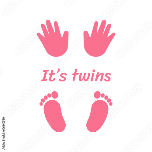 Baby footsteps of hand and leg. Newborn  twins.It's boy and girl. Twin icon. Heart frame shape.