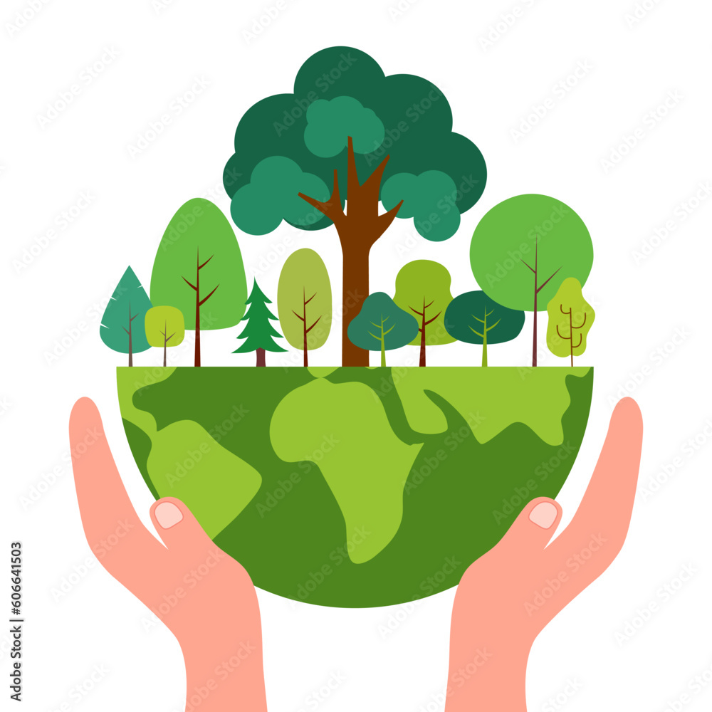 Hand holding earth planet with trees growing in flat design. Save the ...